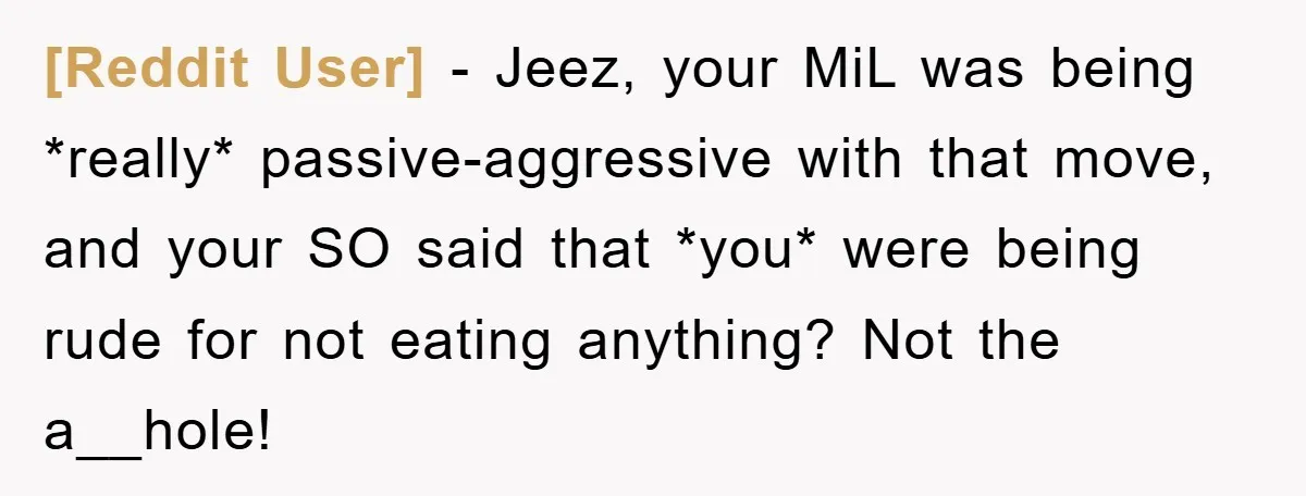 [Reddit User] − Jeez, your MiL was being *really* passive-aggressive with that move, and your SO said that *you* were being rude for not eating anything? Not the a__hole!