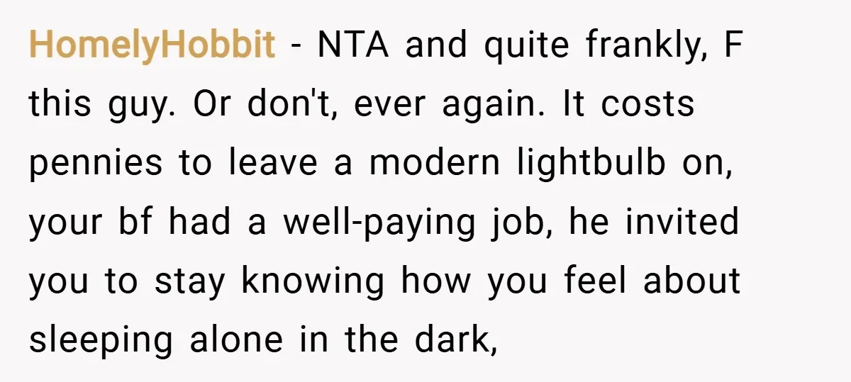 HomelyHobbit − NTA and quite frankly, F this guy. Or don't, ever again. It costs pennies to leave a modern lightbulb on, your bf had a well-paying job, he invited...