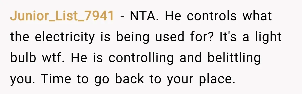 Junior_List_7941 − NTA. He controls what the electricity is being used for? It's a light bulb wtf. He is controlling and belittling you. Time to go back to your place.