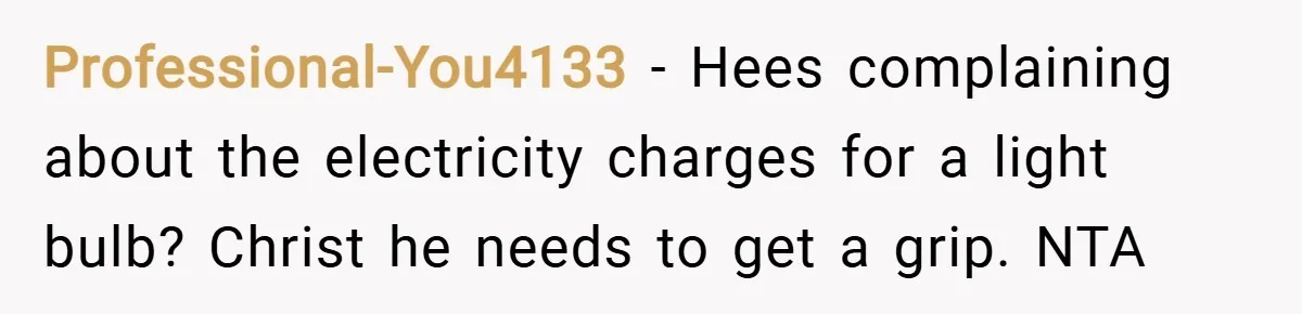 Professional-You4133 − Hees complaining about the electricity charges for a light bulb? Christ he needs to get a grip. NTA