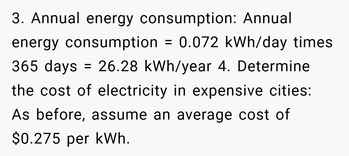 3. Annual energy consumption: Annual energy consumption = 0.072 kWh/day times 365 days = 26.28 kWh/year 4. Determine the cost of electricity in expensive cities: As before, assume an average...