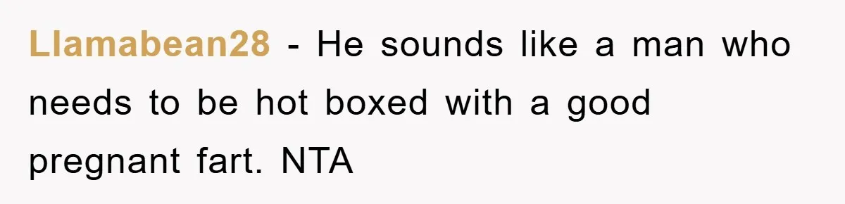 Llamabean28 − He sounds like a man who needs to be hot boxed with a good pregnant fart. NTA