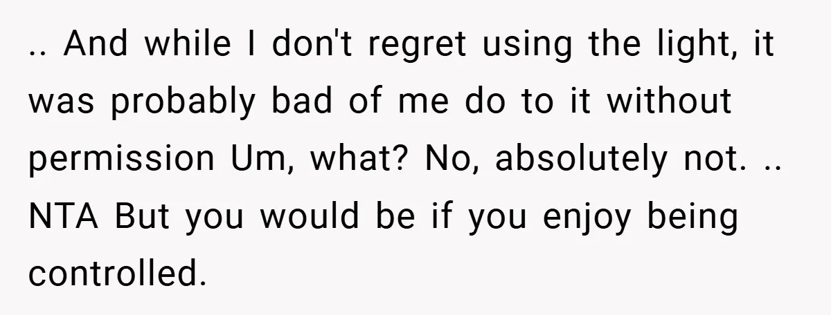 .. And while I don't regret using the light, it was probably bad of me do to it without permission Um, what? No, absolutely not. .. NTA But you would...