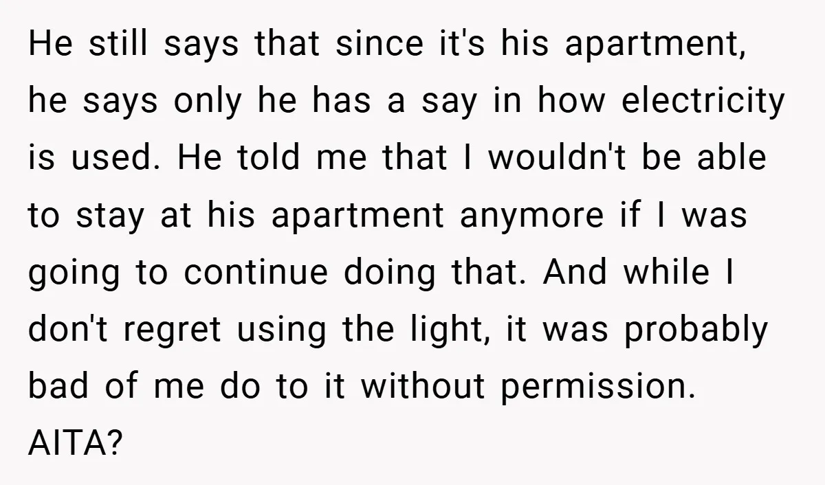 He still says that since it's his apartment, he says only he has a say in how electricity is used. He told me that I wouldn't be able to stay...
