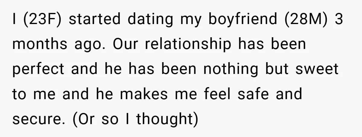 I (23F) started dating my boyfriend (28M) 3 months ago. Our relationship has been perfect and he has been nothing but sweet to me and he makes me feel safe...
