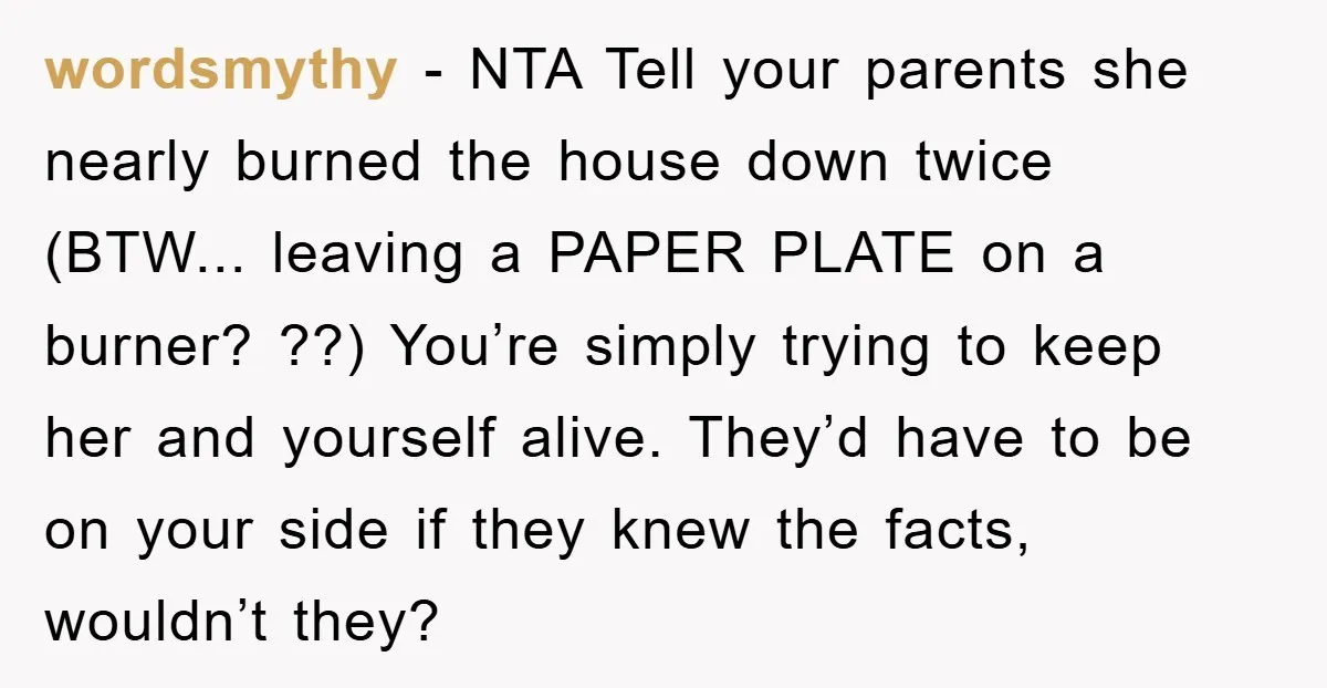 wordsmythy − NTA Tell your parents she nearly burned the house down twice (BTW... leaving a PAPER PLATE on a burner? ??) You’re simply trying to keep her and yourself...