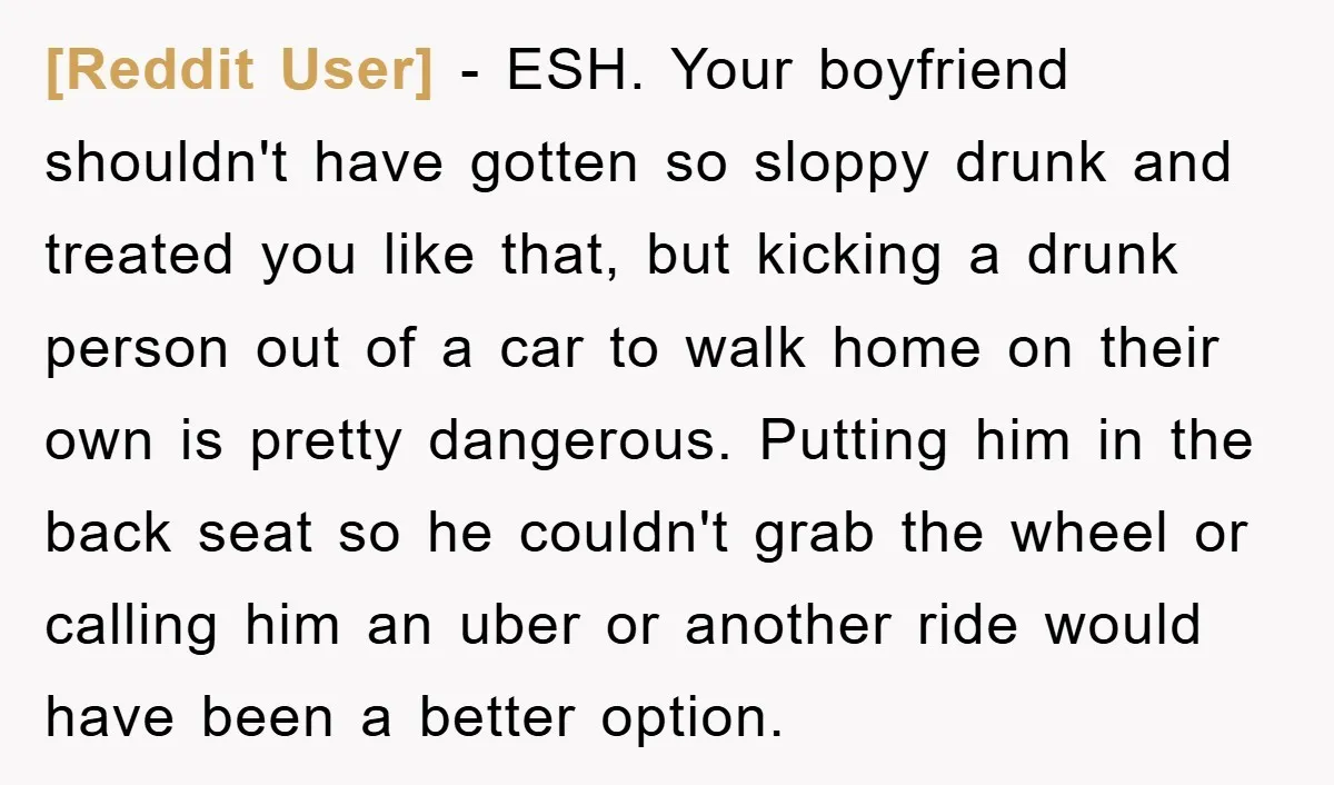 [Reddit User] − ESH. Your boyfriend shouldn't have gotten so sloppy drunk and treated you like that, but kicking a drunk person out of a car to walk home on...