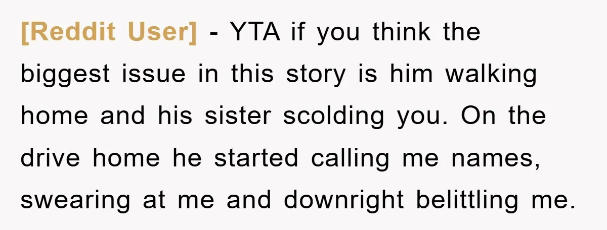 [Reddit User] − YTA if you think the biggest issue in this story is him walking home and his sister scolding you. On the drive home he started calling me...