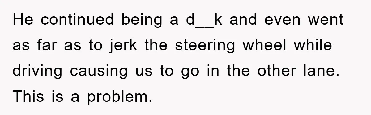 He continued being a d__k and even went as far as to jerk the steering wheel while driving causing us to go in the other lane. This is a problem.