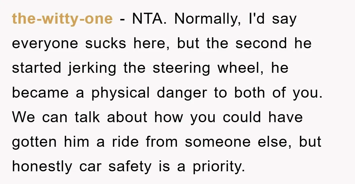 the-witty-one − NTA. Normally, I'd say everyone sucks here, but the second he started jerking the steering wheel, he became a physical danger to both of you. We can talk...