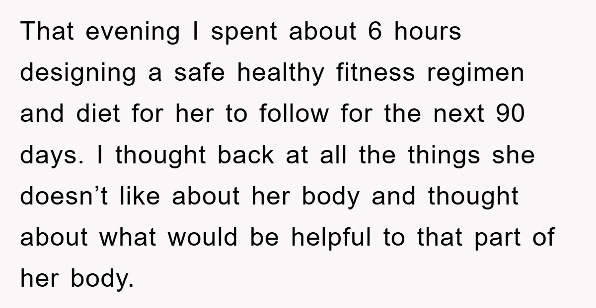 That evening I spent about 6 hours designing a safe healthy fitness regimen and diet for her to follow for the next 90 days. I thought back at all the...