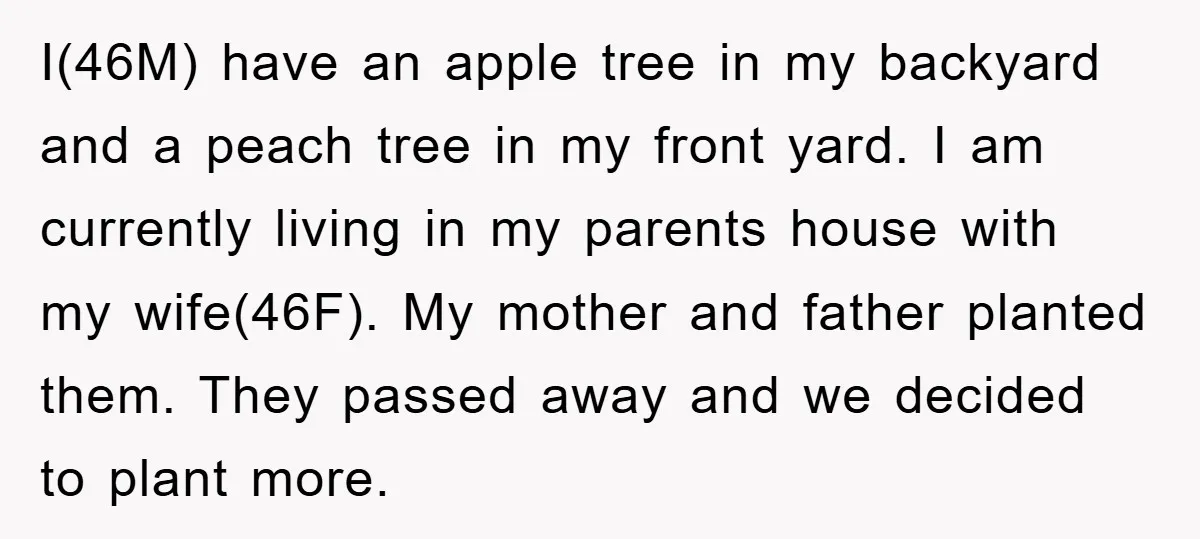 I(46M) have an apple tree in my backyard and a peach tree in my front yard. I am currently living in my parents house with my wife(46F). My mother and...