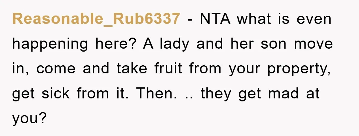 Reasonable_Rub6337 − NTA what is even happening here? A lady and her son move in, come and take fruit from your property, get sick from it. Then. .. they get...