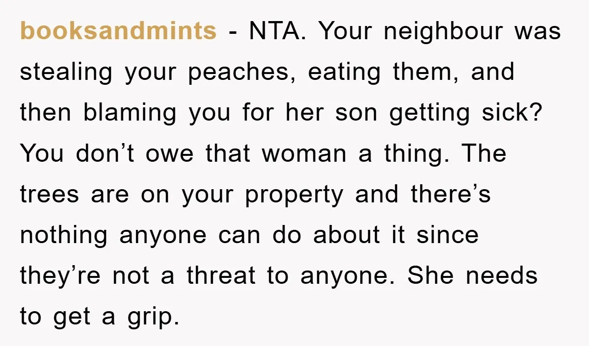 booksandmints − NTA. Your neighbour was stealing your peaches, eating them, and then blaming you for her son getting sick? You don’t owe that woman a thing. The trees are...