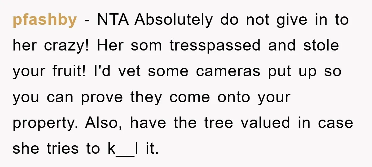 pfashby − NTA Absolutely do not give in to her crazy! Her som tresspassed and stole your fruit! I'd vet some cameras put up so you can prove they come...