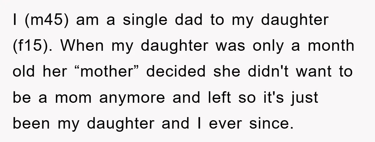 I (m45) am a single dad to my daughter (f15). When my daughter was only a month old her “mother” decided she didn't want to be a mom anymore and...