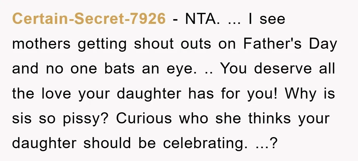Certain-Secret-7926 − NTA. ... I see mothers getting shout outs on Father's Day and no one bats an eye. .. You deserve all the love your daughter has for you!...