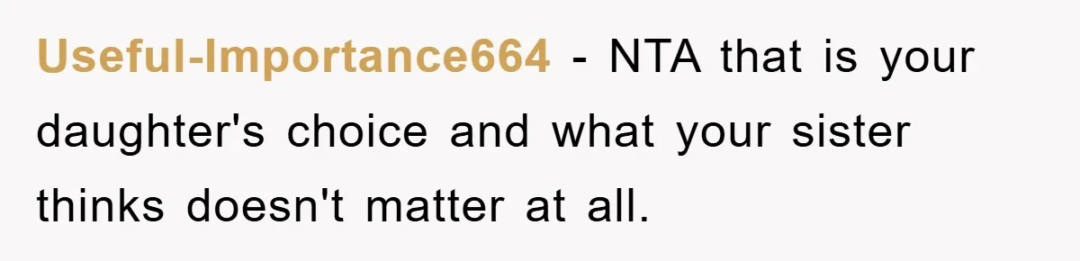 Useful-Importance664 − NTA that is your daughter's choice and what your sister thinks doesn't matter at all.
