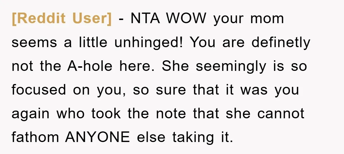 [Reddit User] − NTA WOW your mom seems a little unhinged! You are definetly not the A-hole here. She seemingly is so focused on you, so sure that it was...