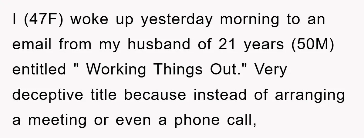 I (47F) woke up yesterday morning to an email from my husband of 21 years (50M) entitled " Working Things Out." Very deceptive title because instead of arranging a meeting...