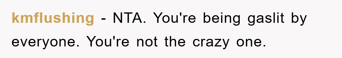 kmflushing − NTA. You're being gaslit by everyone. You're not the crazy one.