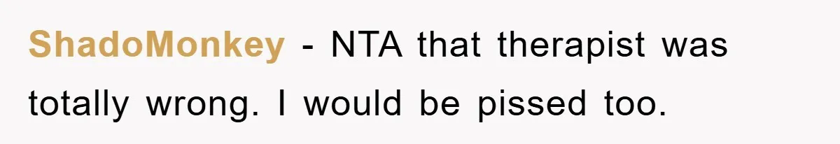 ShadoMonkey − NTA that therapist was totally wrong. I would be pissed too.