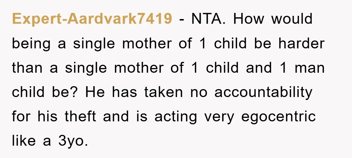Expert-Aardvark7419 − NTA. How would being a single mother of 1 child be harder than a single mother of 1 child and 1 man child be? He has taken no...