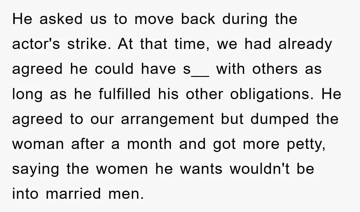 He asked us to move back during the actor's strike. At that time, we had already agreed he could have s__ with others as long as he fulfilled his other...
