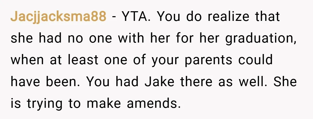 Jacjjacksma88 − YTA. You do realize that she had no one with her for her graduation, when at least one of your parents could have been. You had Jake there...