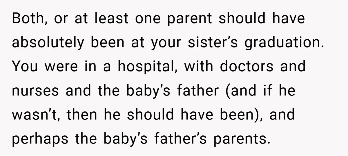 Both, or at least one parent should have absolutely been at your sister’s graduation. You were in a hospital, with doctors and nurses and the baby’s father (and if he...