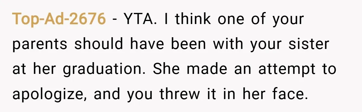 Top-Ad-2676 − YTA. I think one of your parents should have been with your sister at her graduation. She made an attempt to apologize, and you threw it in her...