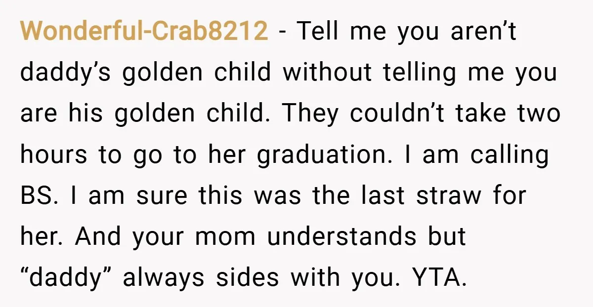 Wonderful-Crab8212 − Tell me you aren’t daddy’s golden child without telling me you are his golden child. They couldn’t take two hours to go to her graduation. I am calling...