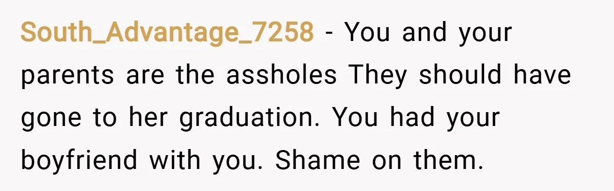 South_Advantage_7258 − You and your parents are the assholes They should have gone to her graduation. You had your boyfriend with you. Shame on them.