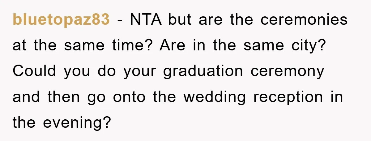 bluetopaz83 − NTA but are the ceremonies at the same time? Are in the same city? Could you do your graduation ceremony and then go onto the wedding reception in...