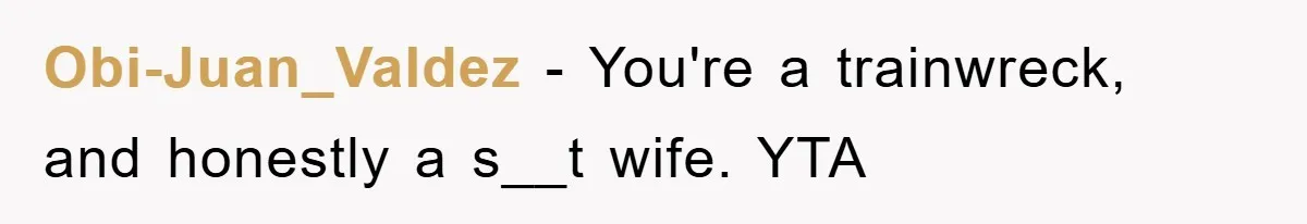 Obi-Juan_Valdez − You're a trainwreck, and honestly a s__t wife. YTA