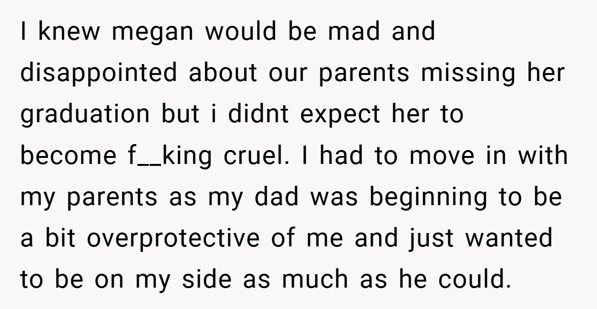 I knew megan would be mad and disappointed about our parents missing her graduation but i didnt expect her to become f__king cruel. I had to move in with my...