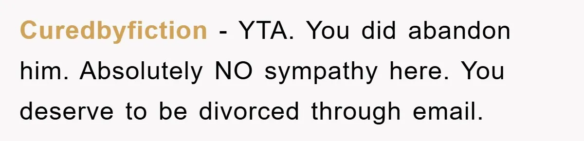 Curedbyfiction − YTA. You did abandon him. Absolutely NO sympathy here. You deserve to be divorced through email.