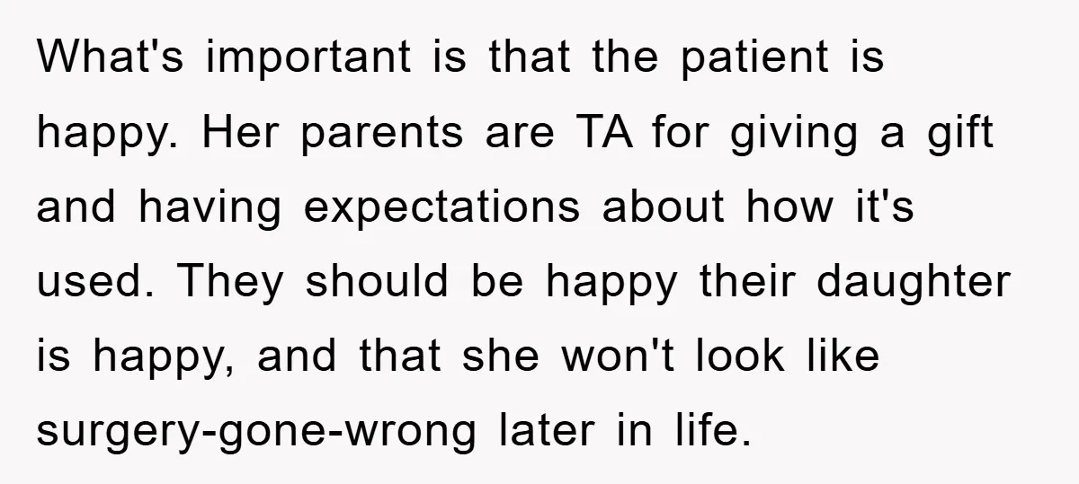 What's important is that the patient is happy. Her parents are TA for giving a gift and having expectations about how it's used. They should be happy their daughter is...