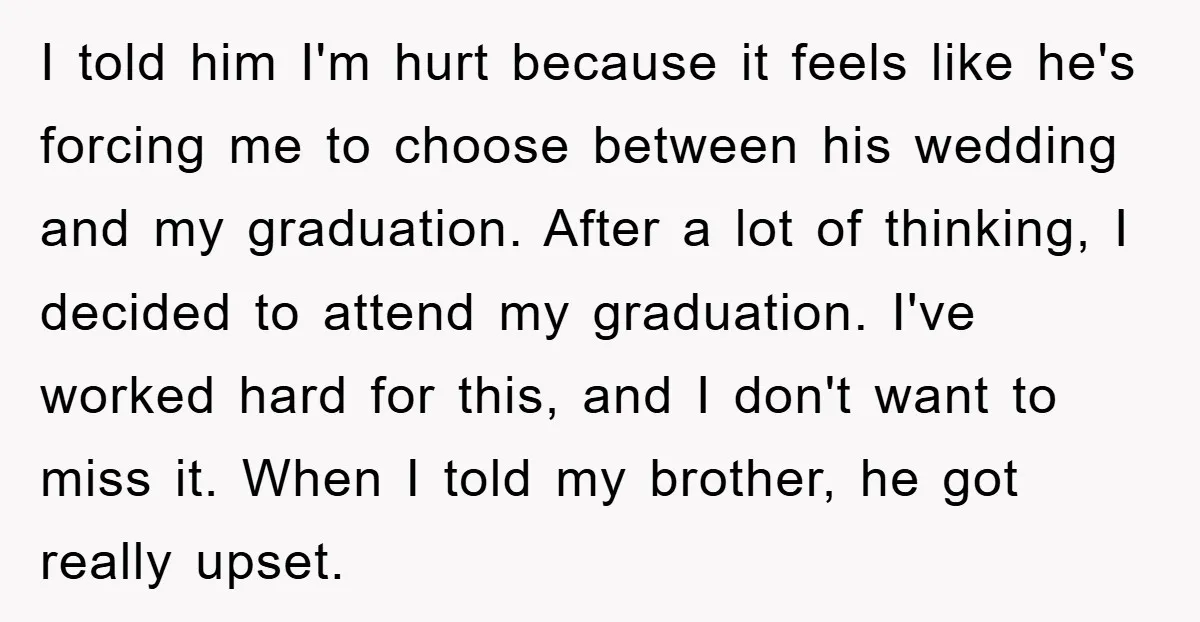 I told him I'm hurt because it feels like he's forcing me to choose between his wedding and my graduation. After a lot of thinking, I decided to attend my...