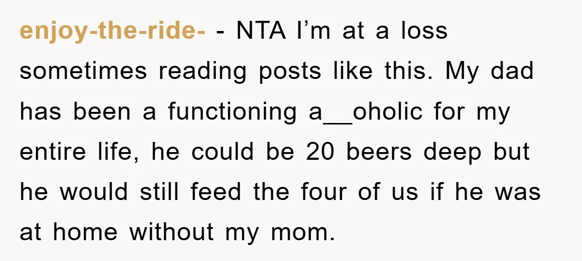 enjoy-the-ride- − NTA I’m at a loss sometimes reading posts like this. My dad has been a functioning a__oholic for my entire life, he could be 20 beers deep but...
