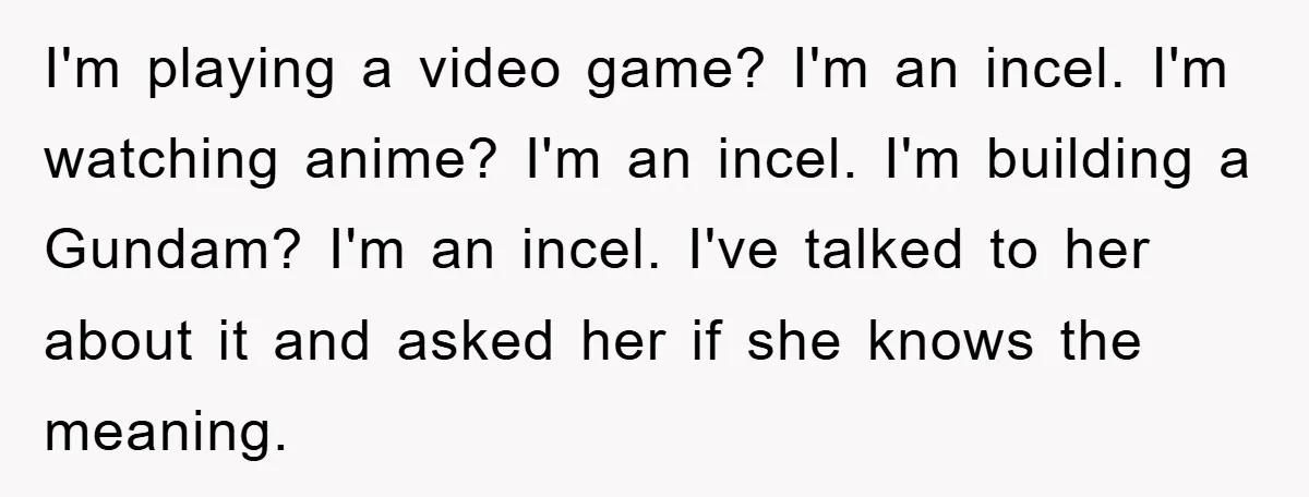 I'm playing a video game? I'm an incel. I'm watching anime? I'm an incel. I'm building a Gundam? I'm an incel. I've talked to her about it and asked her...