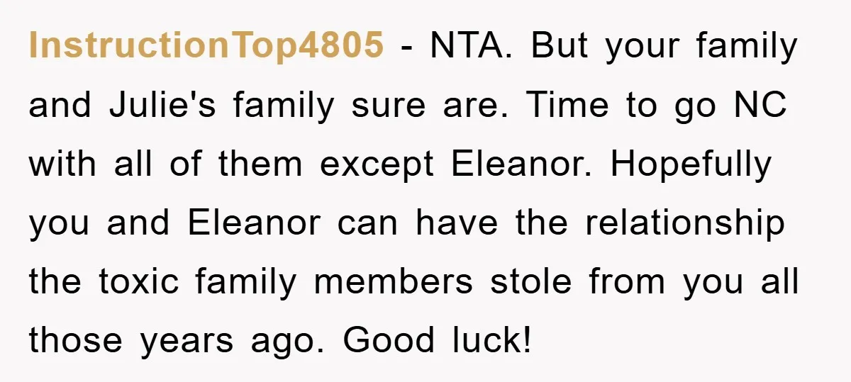 InstructionTop4805 − NTA. But your family and Julie's family sure are. Time to go NC with all of them except Eleanor. Hopefully you and Eleanor can have the relationship the...