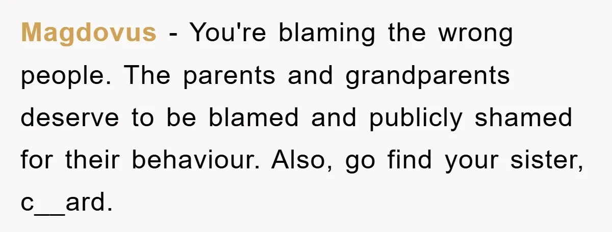 Magdovus − You're blaming the wrong people. The parents and grandparents deserve to be blamed and publicly shamed for their behaviour. Also, go find your sister, c__ard.