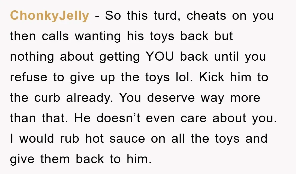 ChonkyJelly − So this turd, cheats on you then calls wanting his toys back but nothing about getting YOU back until you refuse to give up the toys lol. Kick...
