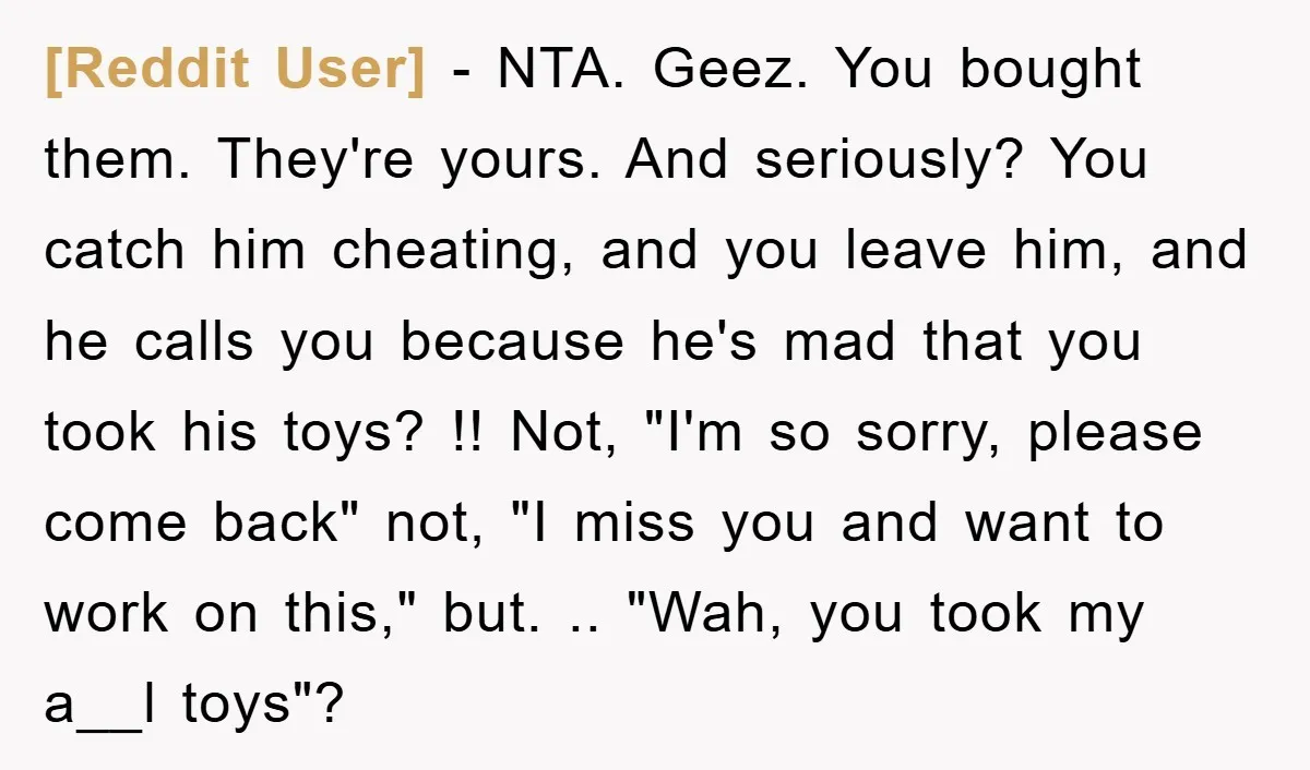 [Reddit User] − NTA. Geez. You bought them. They're yours. And seriously? You catch him cheating, and you leave him, and he calls you because he's mad that you took...