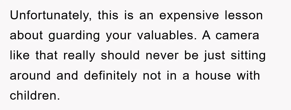 Unfortunately, this is an expensive lesson about guarding your valuables. A camera like that really should never be just sitting around and definitely not in a house with children.