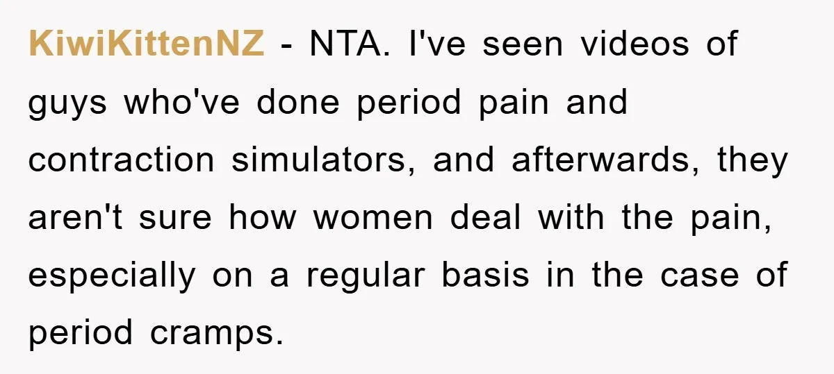 KiwiKittenNZ − NTA. I've seen videos of guys who've done period pain and contraction simulators, and afterwards, they aren't sure how women deal with the pain, especially on a regular...