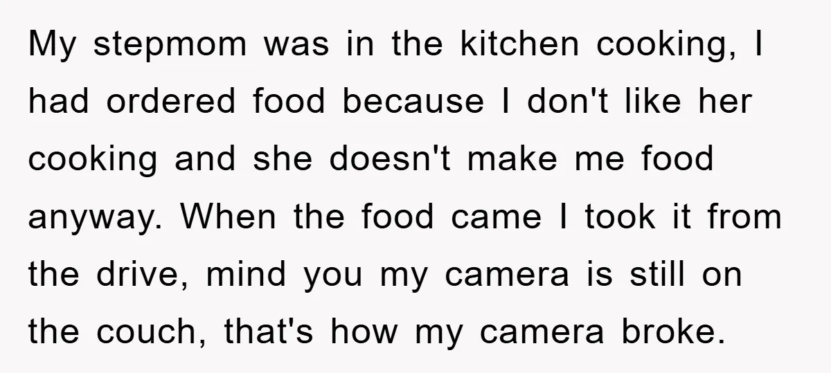 My stepmom was in the kitchen cooking, I had ordered food because I don't like her cooking and she doesn't make me food anyway. When the food came I took...