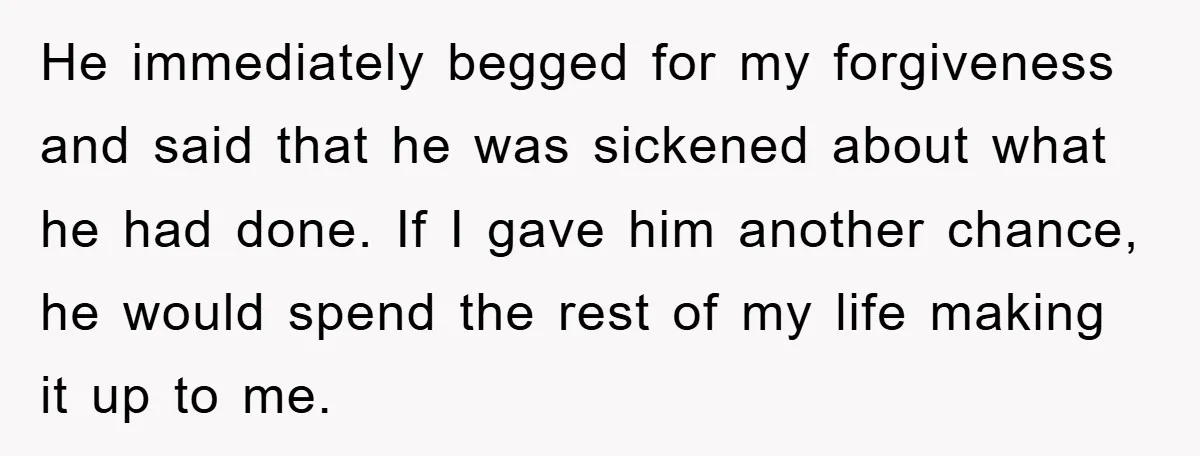 He immediately begged for my forgiveness and said that he was sickened about what he had done. If I gave him another chance, he would spend the rest of my...