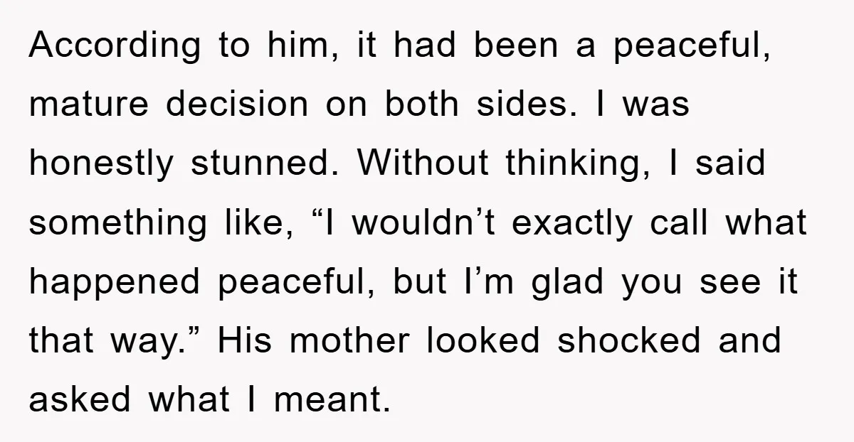 According to him, it had been a peaceful, mature decision on both sides. I was honestly stunned. Without thinking, I said something like, “I wouldn’t exactly call what happened peaceful,...